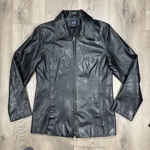 GAP Black Leather Jacket Womens Small Motorcycle Full Zip Y2K Vintage 2001